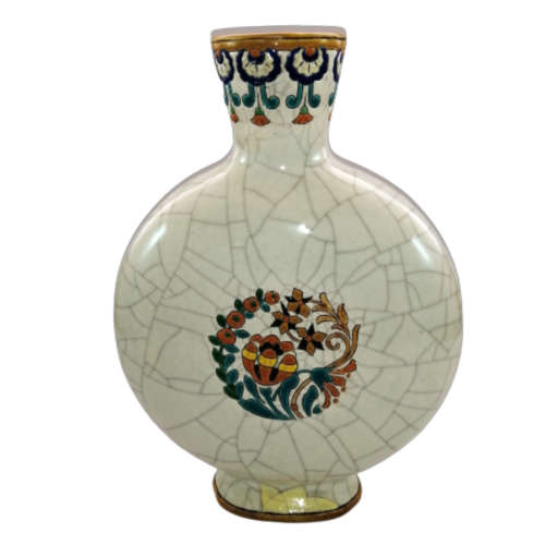 Longwy France Art Deco Cloisonne white craquelure moon flask shape