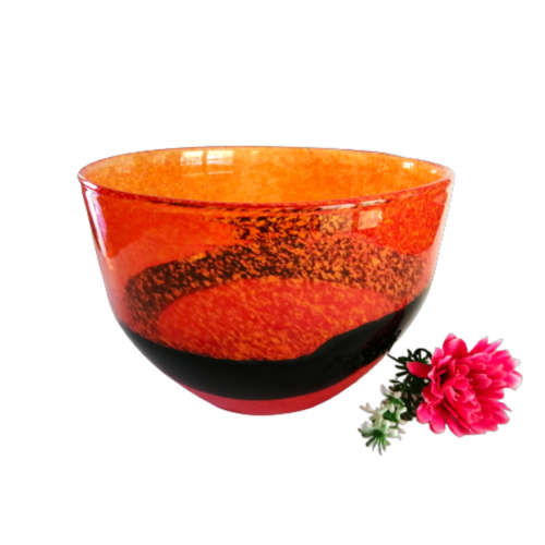 Murano Hand Blown Bowl in a mottled orange and black stripe