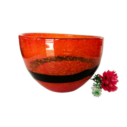 Murano Hand Blown Bowl in a mottled orange and black stripe