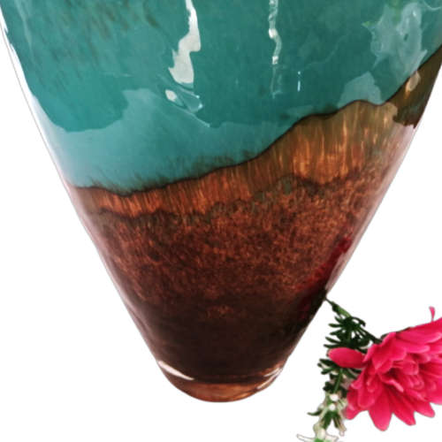 Handblown Large Turquoise and Brown Glass Vase