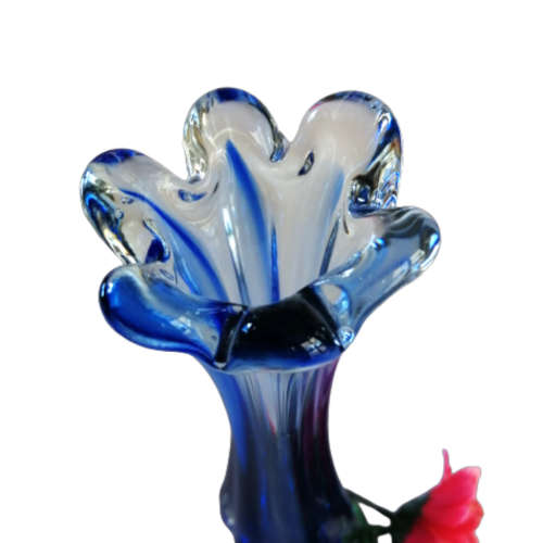 Vintage Art Glass Stunning Blue and Clear Tall Vase