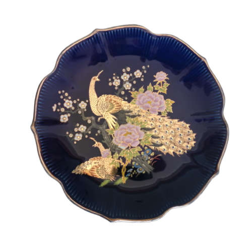 Kutani Cobalt Blue Plate Peacocks and Gold and Pink Lotus Flowers.
