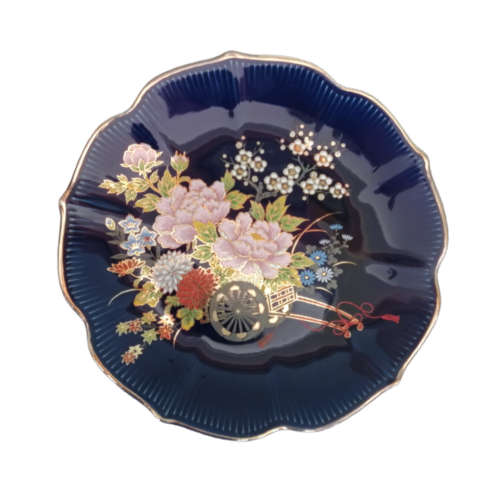 Kutani Cobalt Blue Plate Cart and Gold and Pink Lotus Flowers.