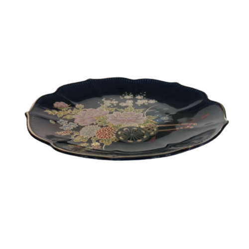 Kutani Cobalt Blue Plate Cart and Gold and Pink Lotus Flowers.