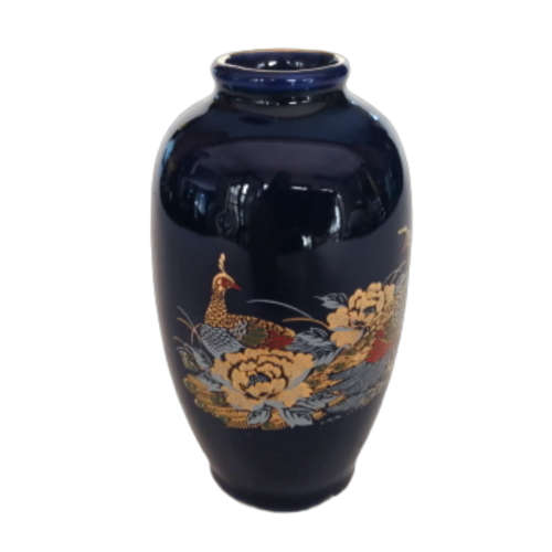Kutani Cobalt Blue Vase Peacocks and Gold and Pink Lotus Flowers.