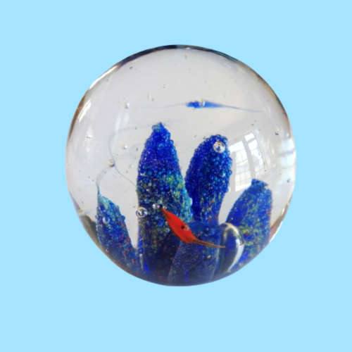 Large Glass Paperweight Clear with Blue Coral and Orange Fish