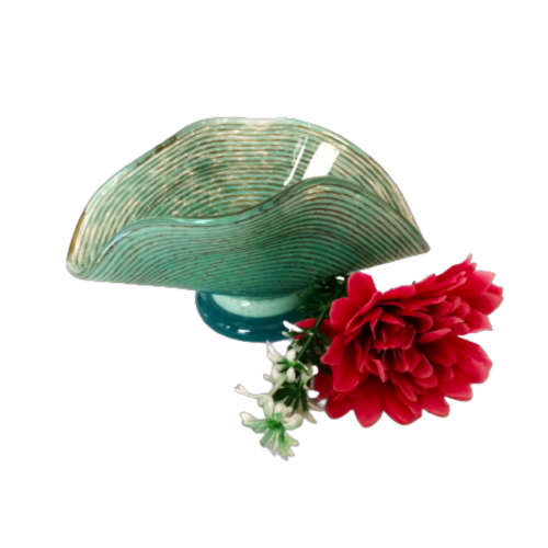 Taco shape Glass bowl dish Clear green and gold stripes