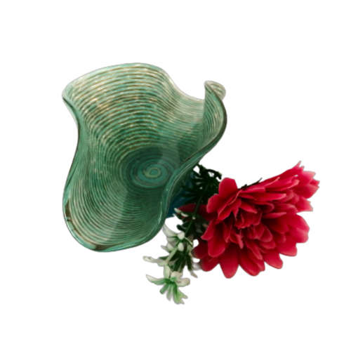 Taco shape Glass bowl dish Clear green and gold stripes