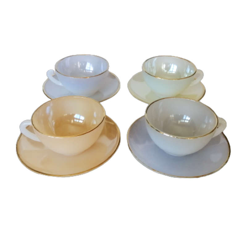 1950s Arcopal Opalescent Tea Cups & Saucers (set of 4) Harlequin, Pastel French, Gold Rim