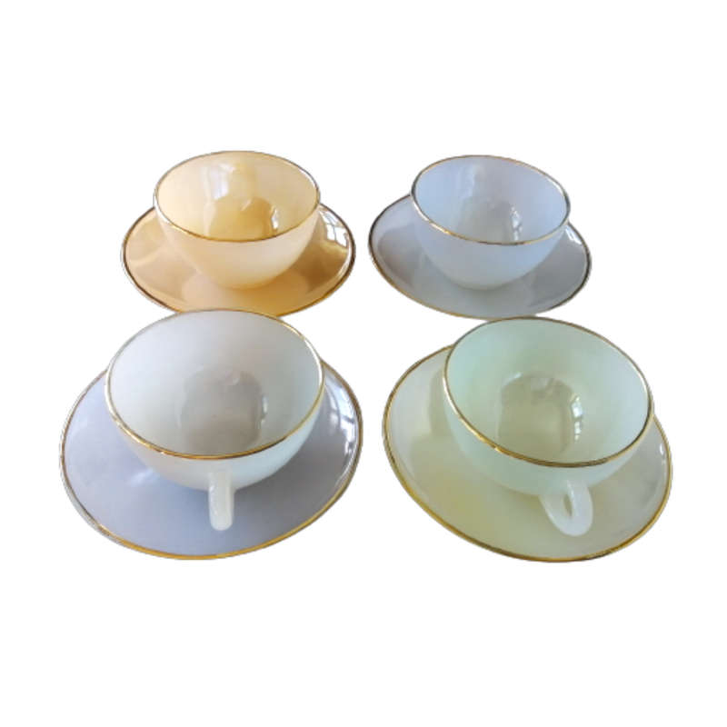 1950s Arcopal Opalescent Tea Cups & Saucers (set of 4) Harlequin, Pastel French, Gold Rim