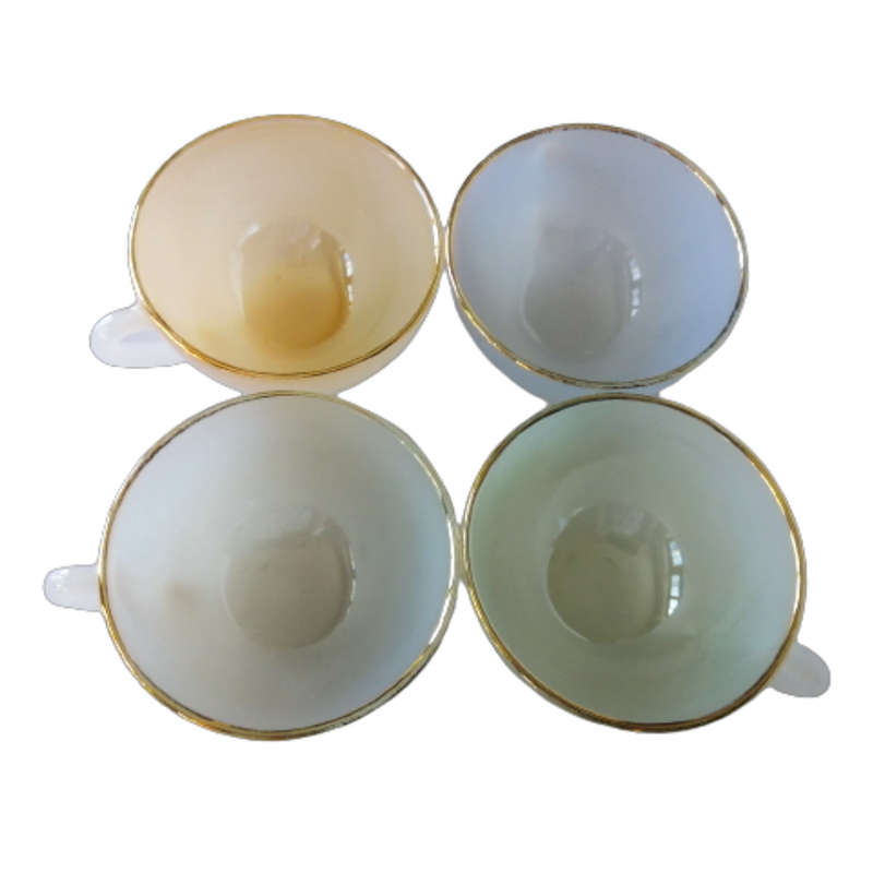 1950s Arcopal Opalescent Tea Cups & Saucers (set of 4) Harlequin, Pastel French, Gold Rim