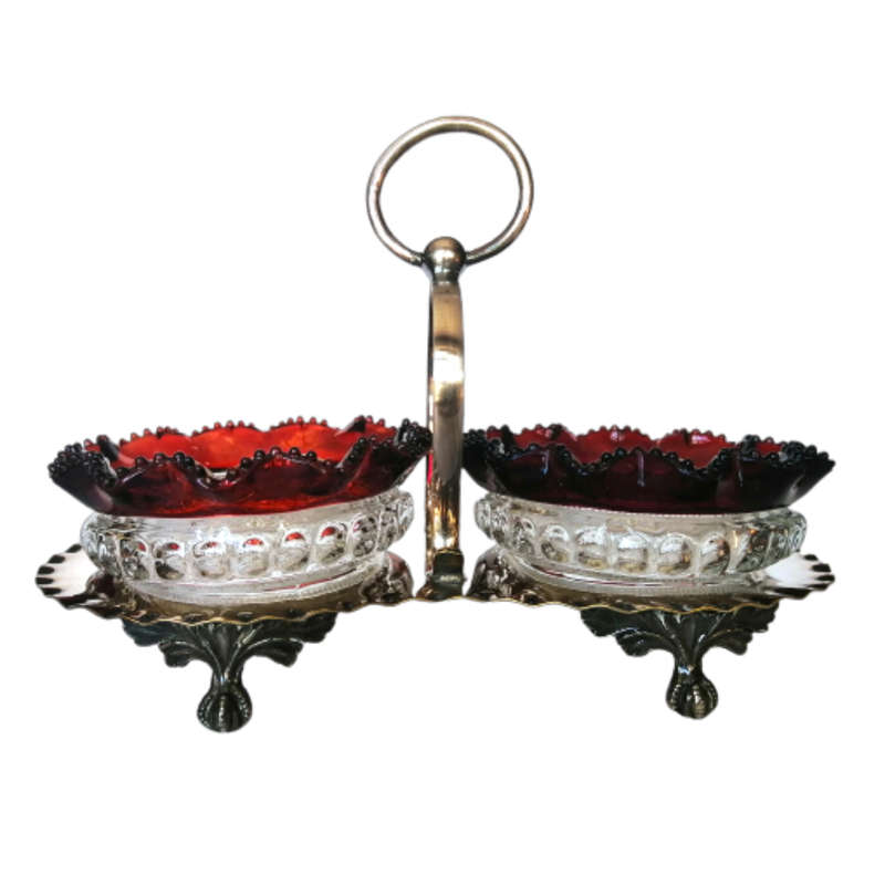 Antique Art Glass Jam Bowels in an Silverplated Cruet Holder