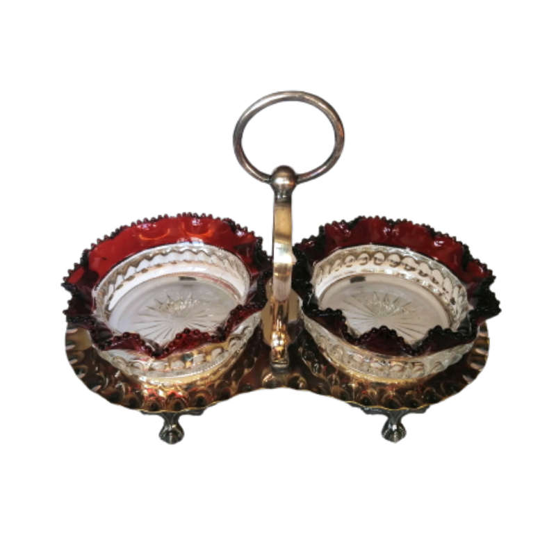 Antique Art Glass Jam Bowels in an Silverplated Cruet Holder