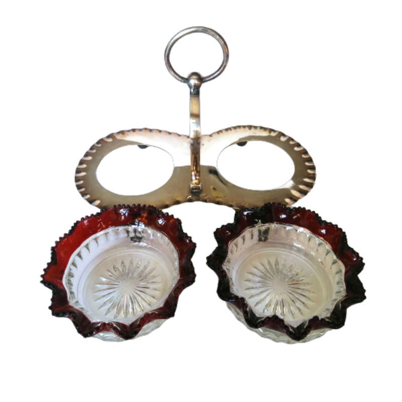 Antique Art Glass Jam Bowels in an Silverplated Cruet Holder