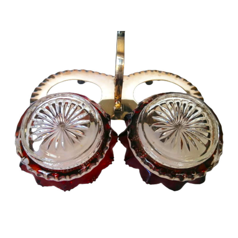 Antique Art Glass Jam Bowels in an Silverplated Cruet Holder