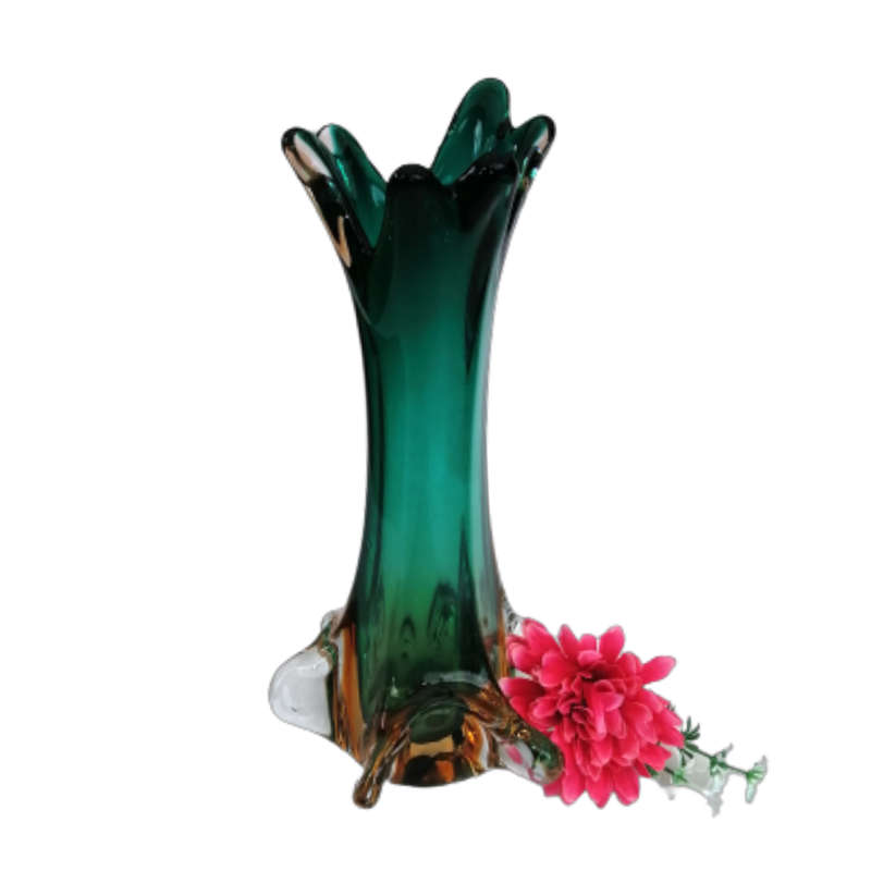Murano Glass Bright Vibrant Green Amber and Yellow Tall Vase