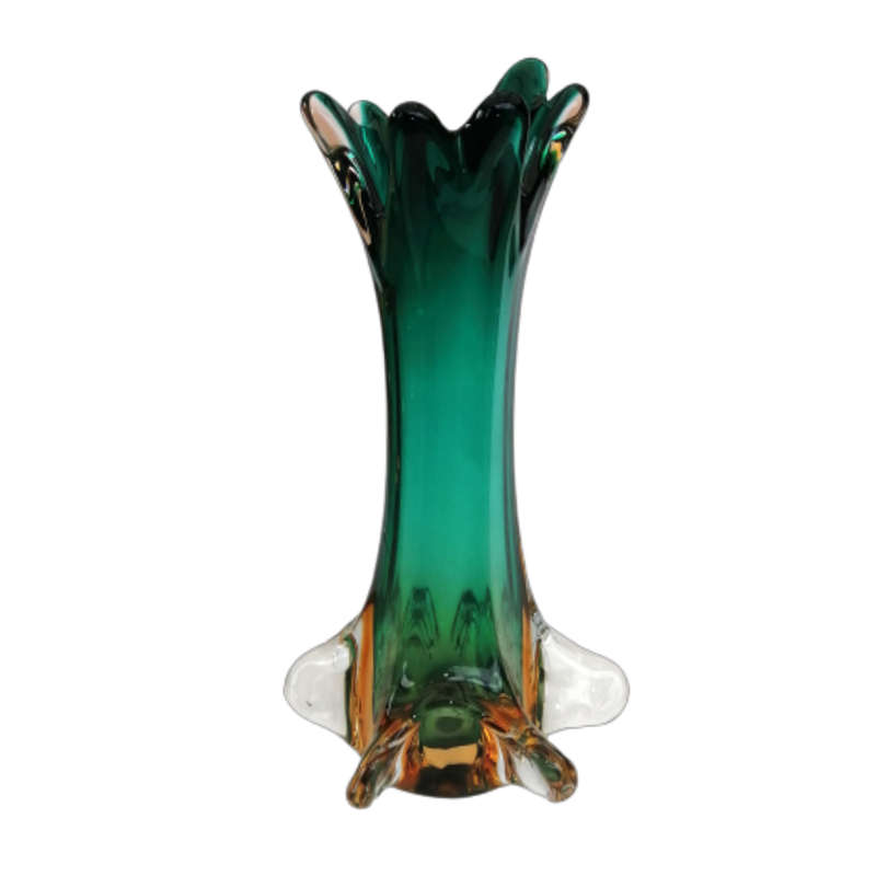 Murano Glass Bright Vibrant Green Amber and Yellow Tall Vase