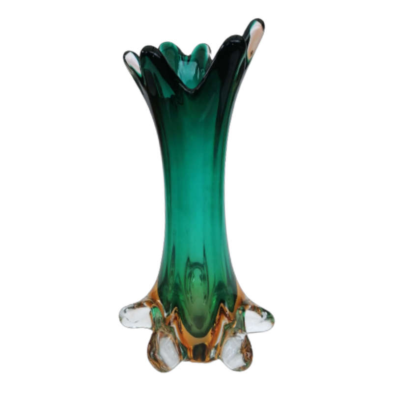 Murano Glass Bright Vibrant Green Amber and Yellow Tall Vase