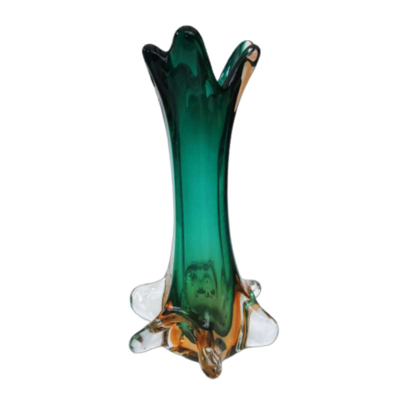 Murano Glass Bright Vibrant Green Amber and Yellow Tall Vase