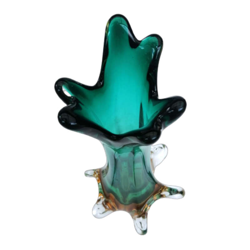 Murano Glass Bright Vibrant Green Amber and Yellow Tall Vase