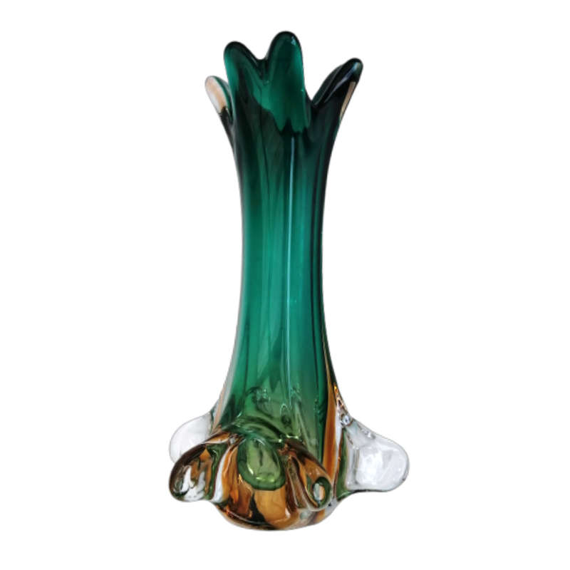 Murano Glass Bright Vibrant Green Amber and Yellow Tall Vase