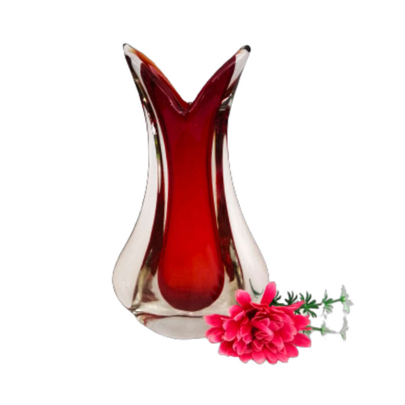 Murano Fishtail Red and Clear Vase Unusual Shape