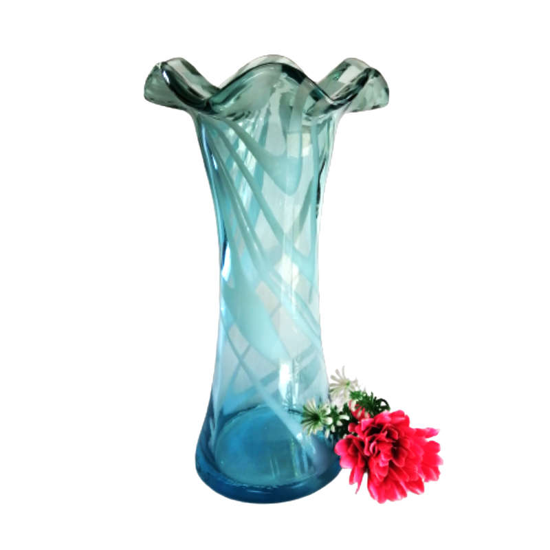 Striking Large Blue Glass Vase with Swirls of Blueand White
