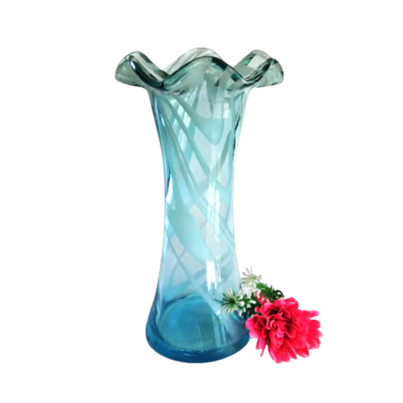 Striking Large Blue Glass Vase with Swirls of Blueand White