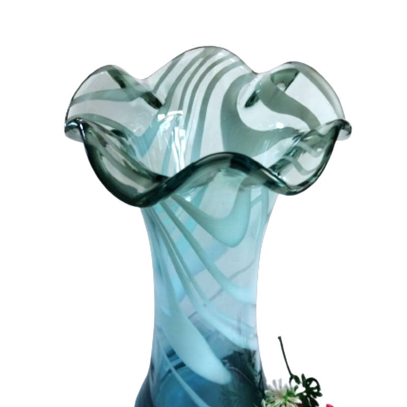 Striking Large Blue Glass Vase with Swirls of Blueand White