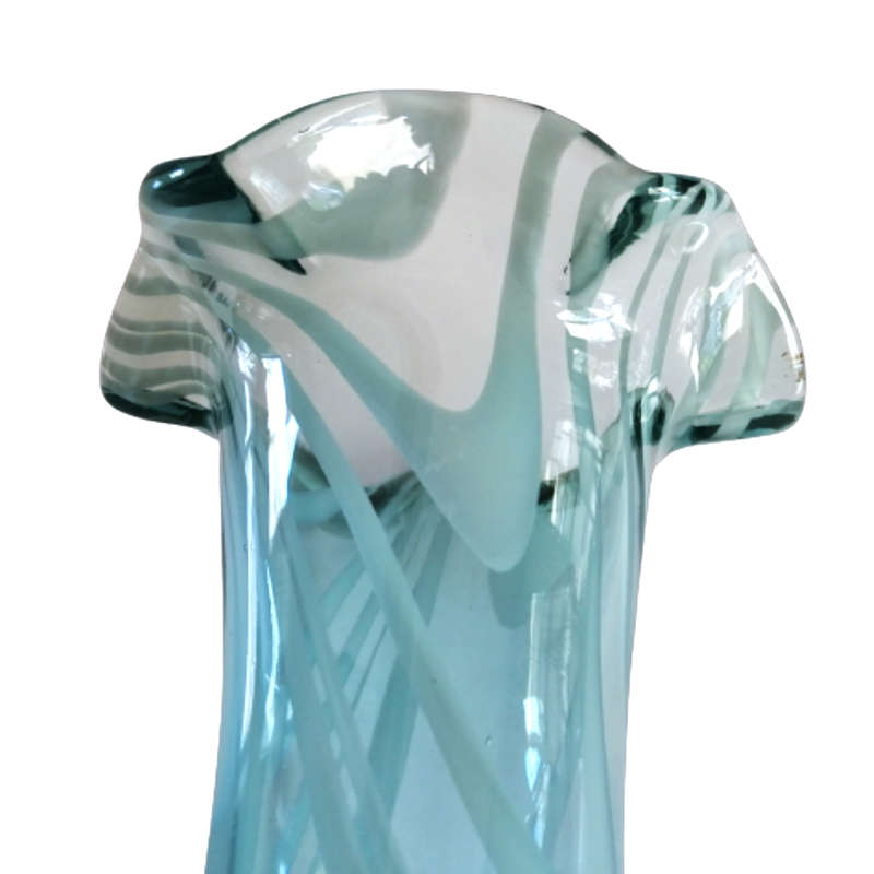 Striking Large Blue Glass Vase with Swirls of Blueand White