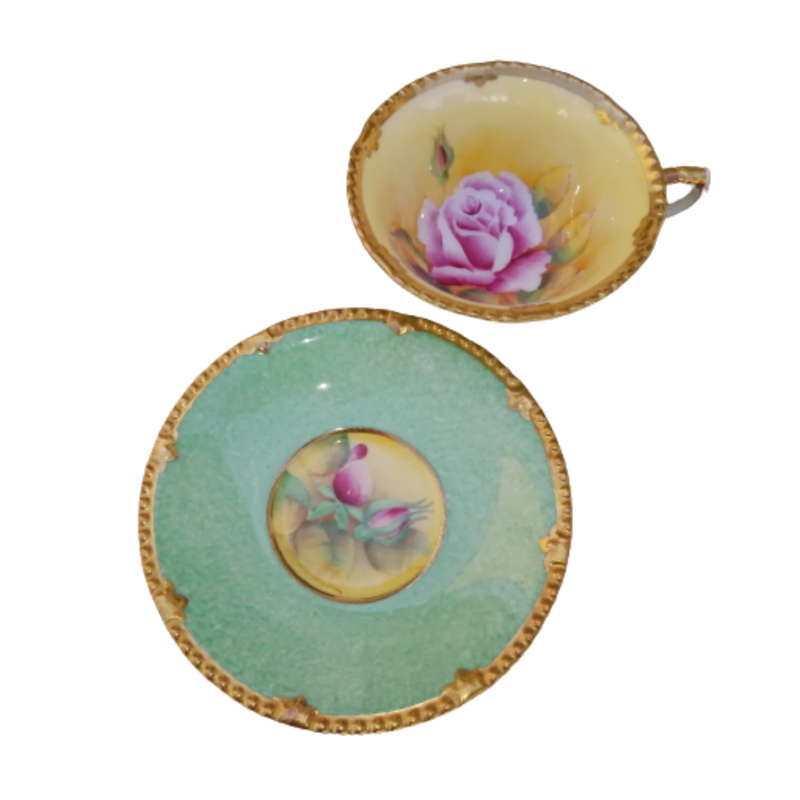 Paragon Fine Bone China Green with Cabbage Rose Demitasse Cup and Saucer