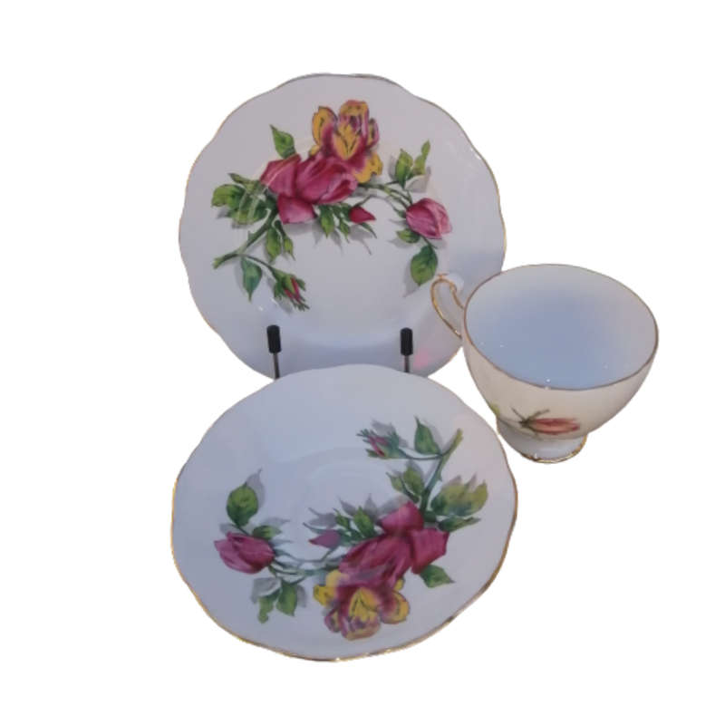 Roslyn Fine Bone China Shadow Rose Cup and Saucer Plate Trio