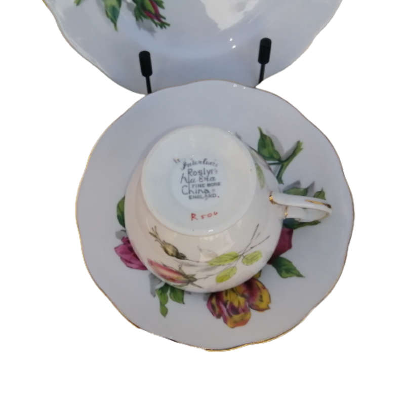 Roslyn Fine Bone China Shadow Rose Cup and Saucer Plate Trio