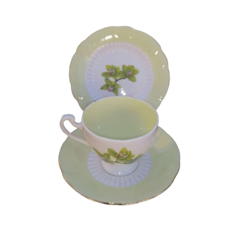 Roslyn Fine Bone China Yellow Orchid Cup and Saucer Plate Trio