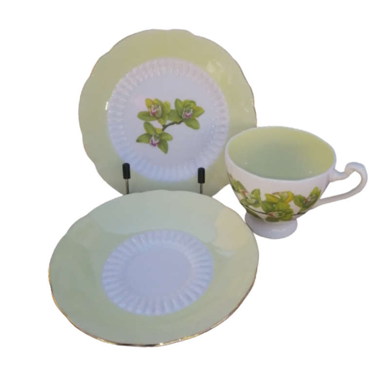 Roslyn Fine Bone China Yellow Orchid Cup and Saucer Plate Trio