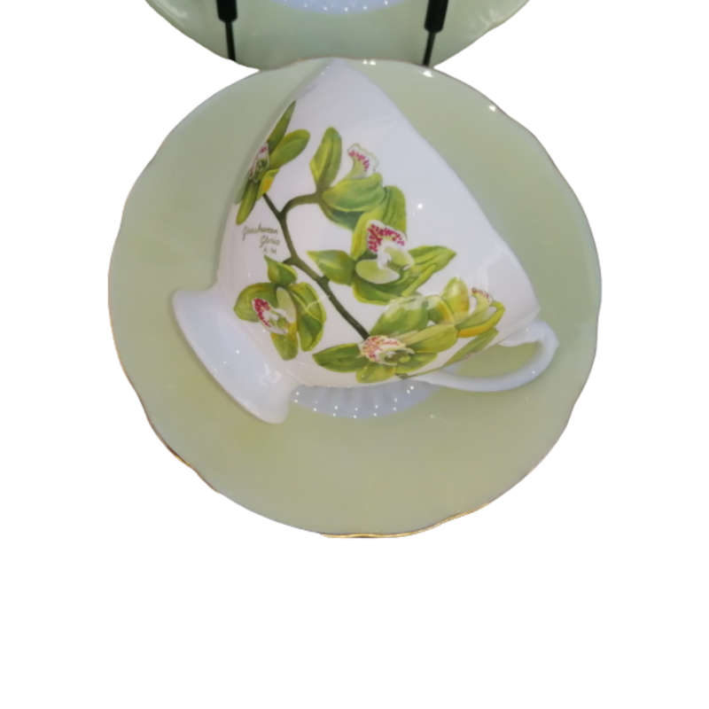 Roslyn Fine Bone China Yellow Orchid Cup and Saucer Plate Trio