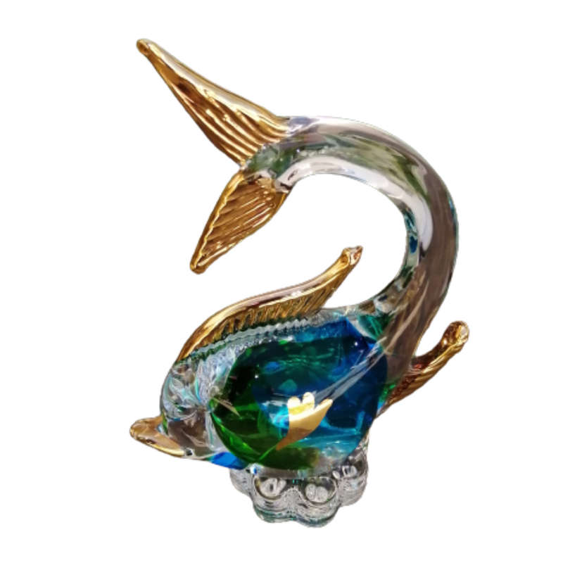 Marano Glass Swimming Fish Blue Green with Gold Figurine