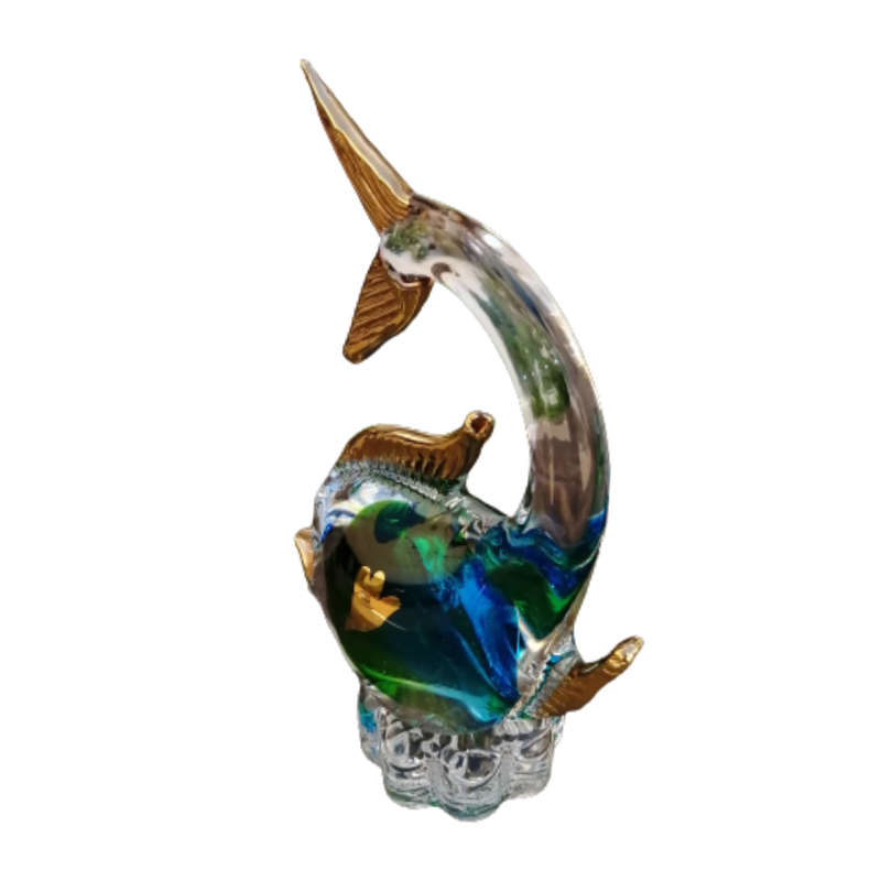 Marano Glass Swimming Fish Blue Green with Gold Figurine