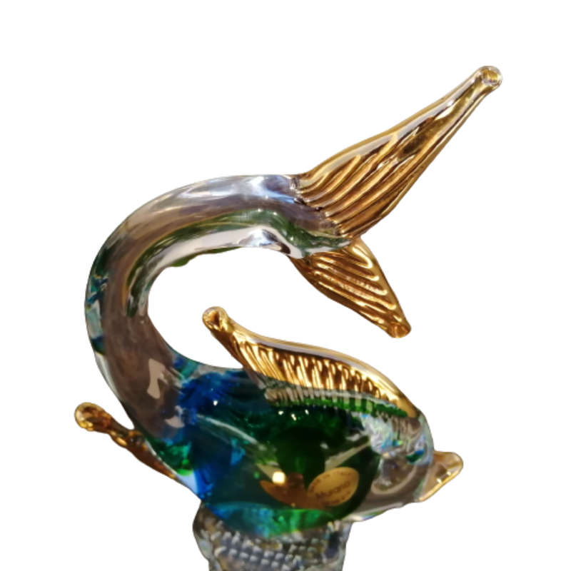 Marano Glass Swimming Fish Blue Green with Gold Figurine