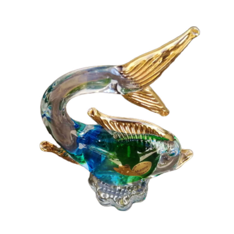 Marano Glass Swimming Fish Blue Green with Gold Figurine
