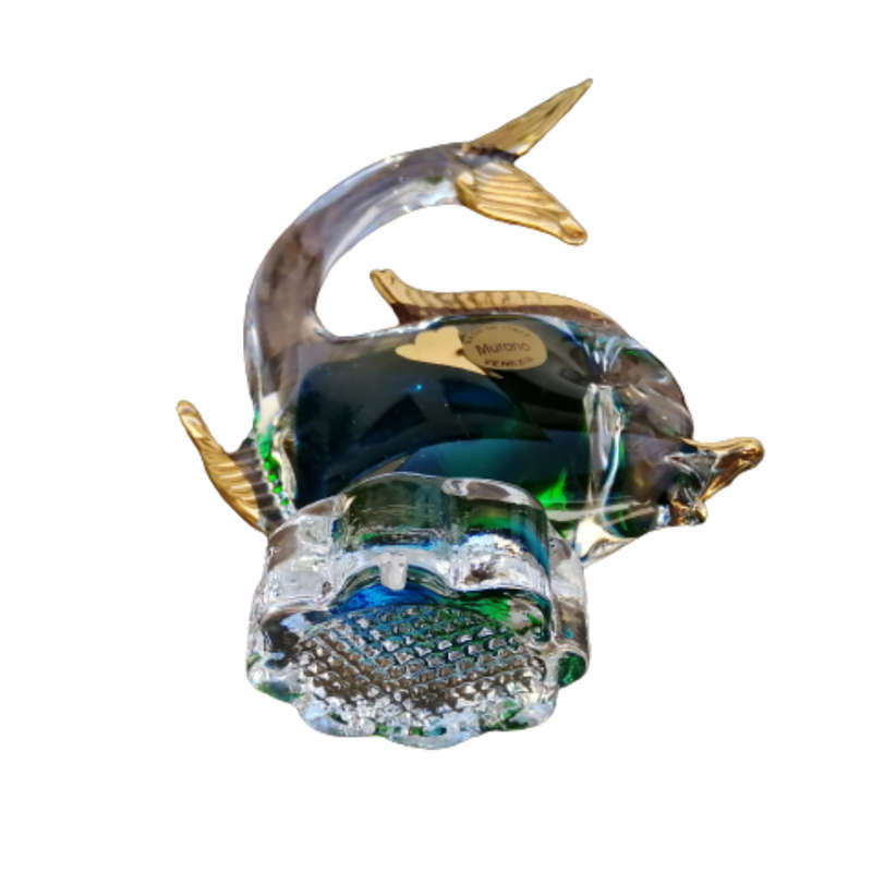 Marano Glass Swimming Fish Blue Green with Gold Figurine