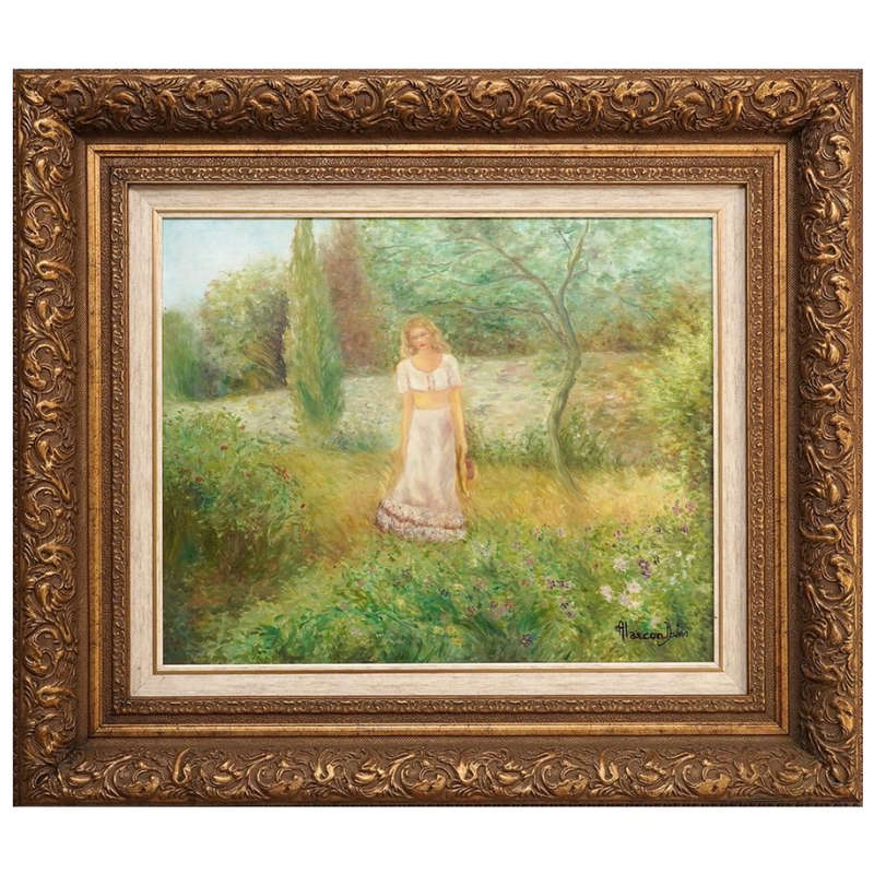 Alarcon Dalvin Large (20th Century) WOMAN WALKING AMONGST FLOWERS