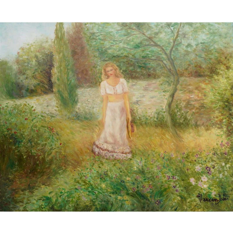 Alarcon Dalvin Large (20th Century) WOMAN WALKING AMONGST FLOWERS
