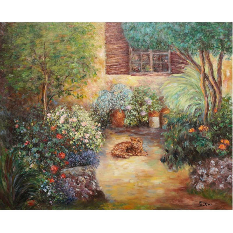 Alarcon Dalvin (20th Century) CAT IN A FLOWER GARDEN