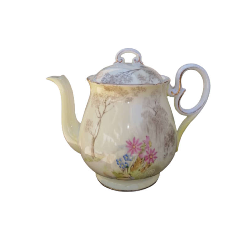Shelley Fine Bone China Tea Pot Hand Painted Tree And Flower Decoration