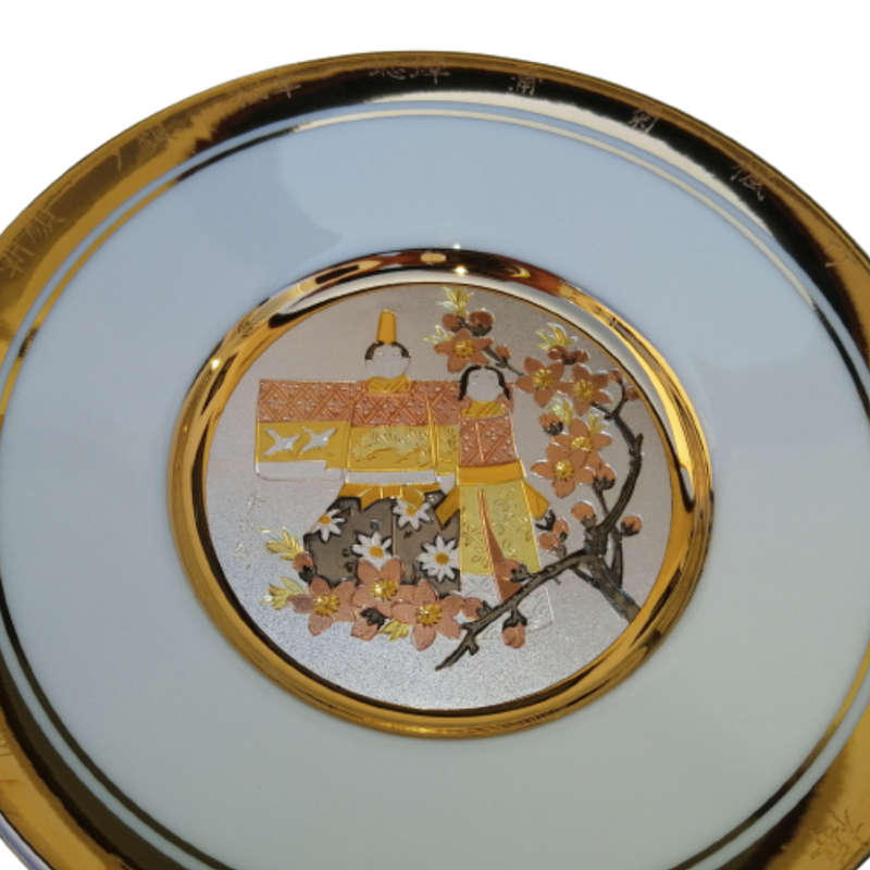 Hamilton Collection Japanese floral calendar Girl`s Doll Day Festival Chokin plate 23K gold trim