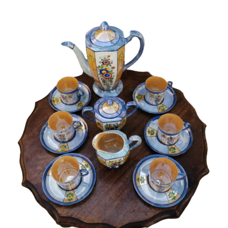 Mikori Japan Lustreware Blue Gold Espresso vintage Coffee Set