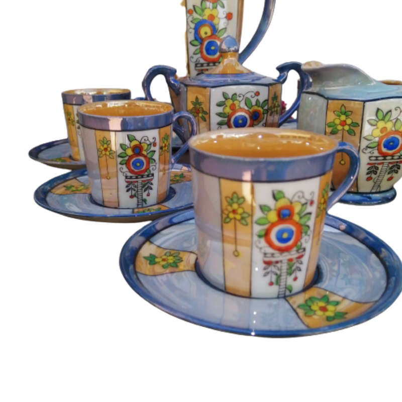 Mikori Japan Lustreware Blue Gold Espresso vintage Coffee Set