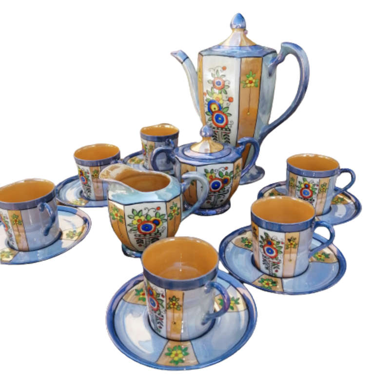 Mikori Japan Lustreware Blue Gold Espresso vintage Coffee Set