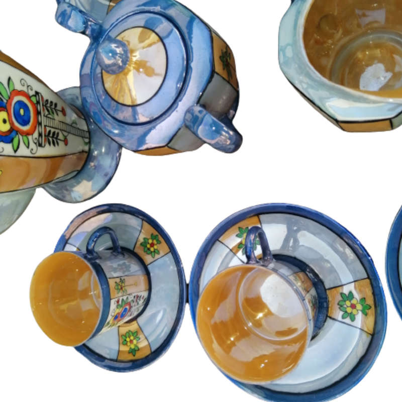 Mikori Japan Lustreware Blue Gold Espresso vintage Coffee Set